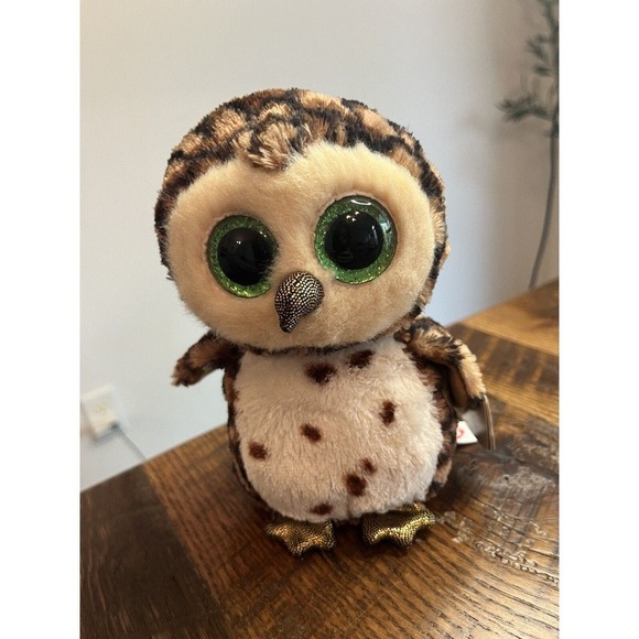 Ty Beanie Boos Sammy Owl 6" Brown Plush Stuffed Animal Green Eyes With Tags. - Picture 2 of 5